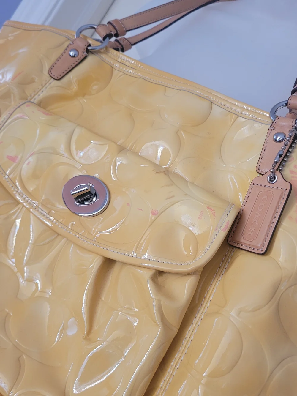 Coach Yellow Patent Leather Shoulder Bag with Tan Straps
